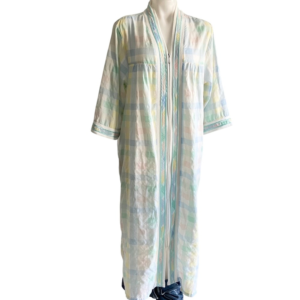 Vintage National Pastel Plaid Zip Front Robe Terry Lined Seersucker Long L